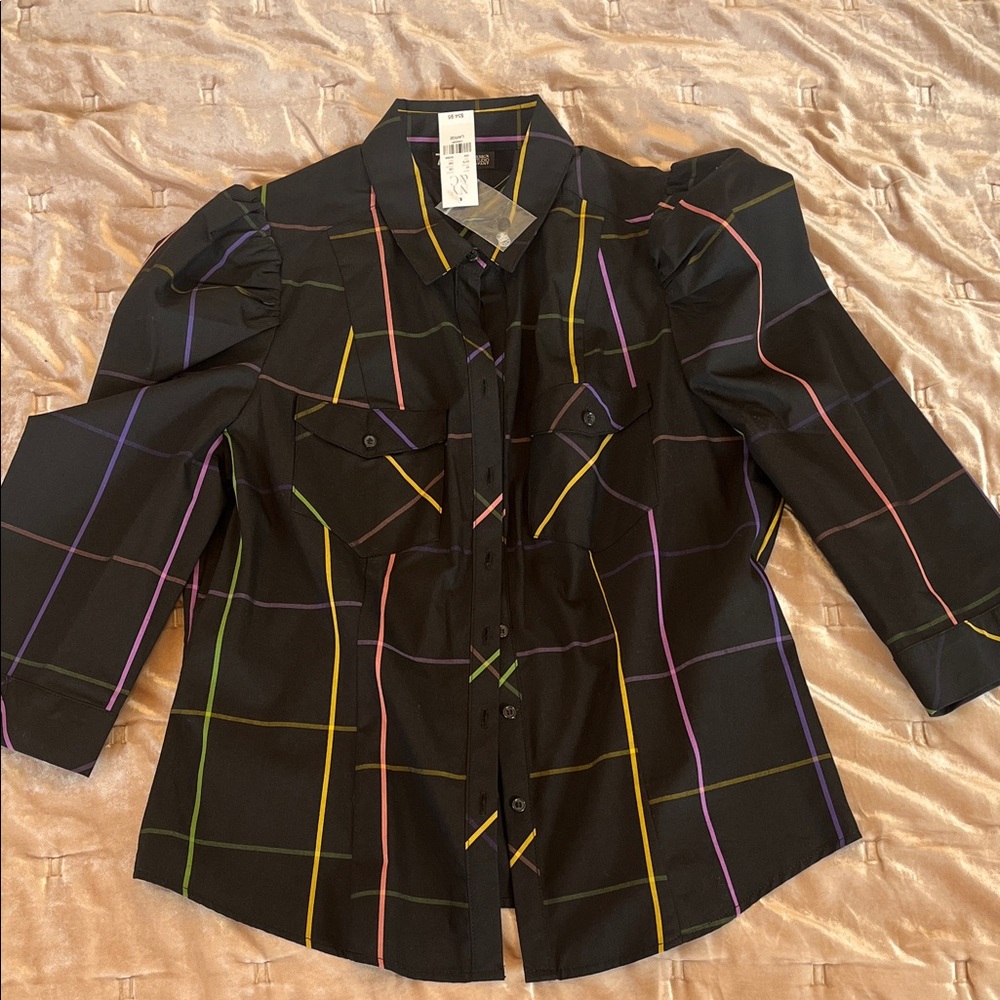 New York & Company Black Plaid Button Down Shirt